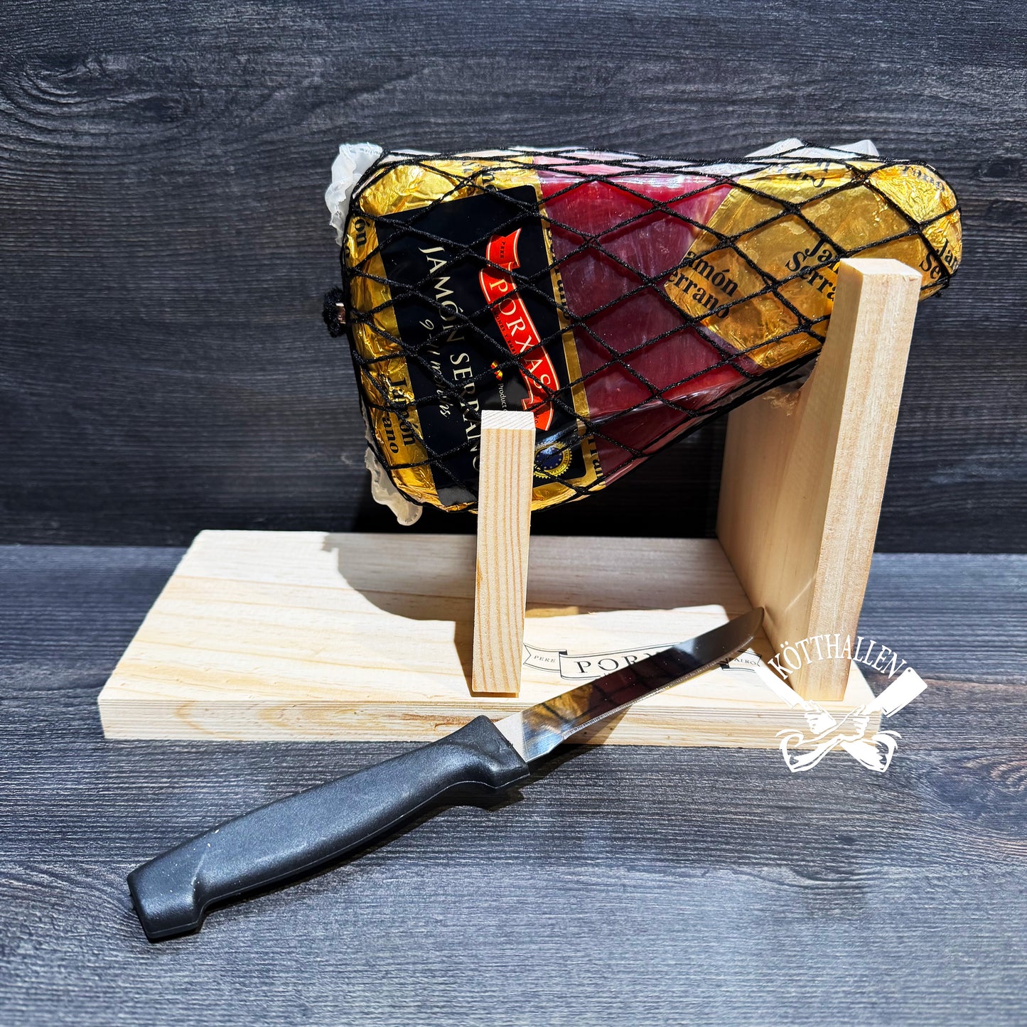 MINISERRANOSKINKA, INKL. KNIV OCH STÄLL