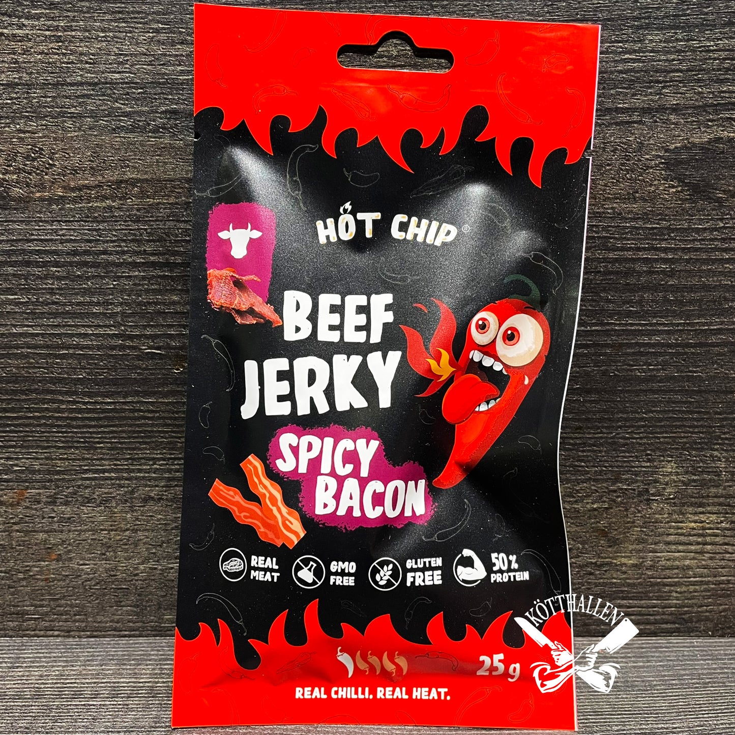 BEEF JERKY SPICY BACON, HOT CHIP